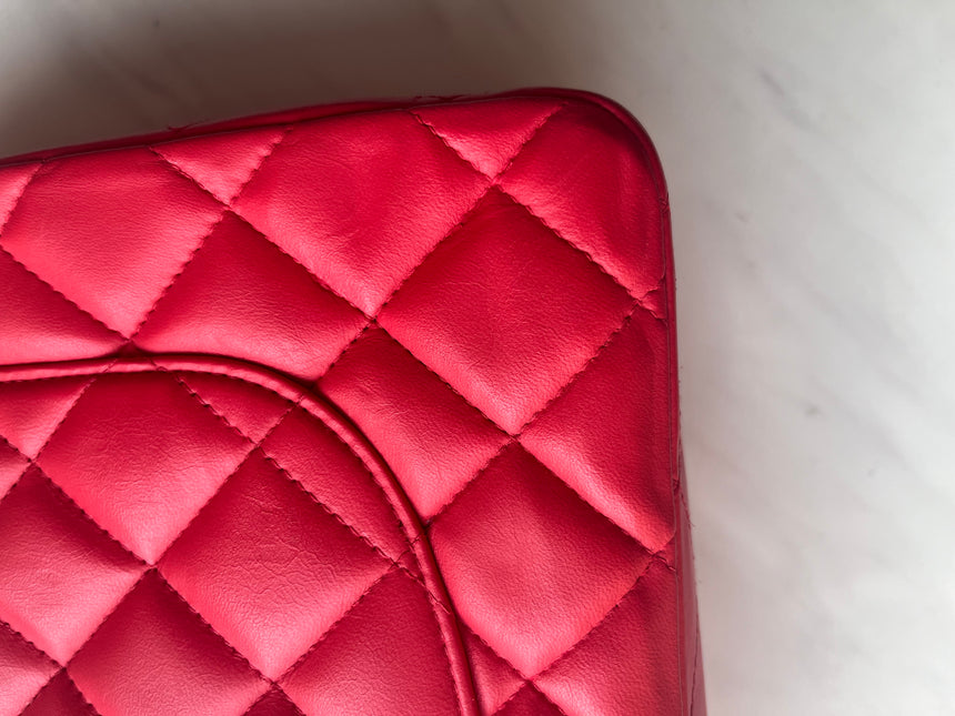 Chanel Classic Flap 2009 Large Red Leather Gold Hardware Velvet Chain Matelasse Strap