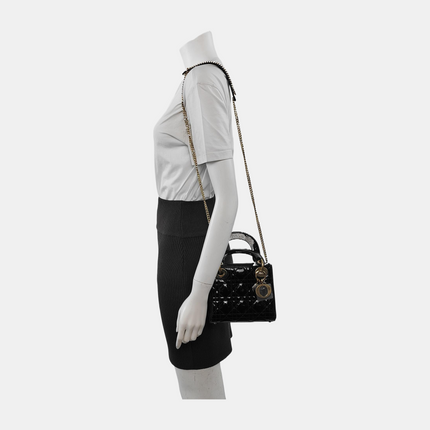 Lady Dior Mini Black Patent Leather Bag with gold hardware Chain Strap
