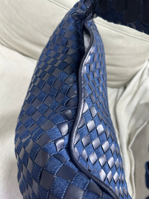Bottega Veneta Hop Large Leather and Denim Intrecciato Navy Hobo Bag 55cm