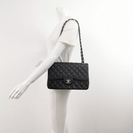 Chanel Classic Flap Jumbo 2011 Black Caviar Leather Double Flap Silver Hardware