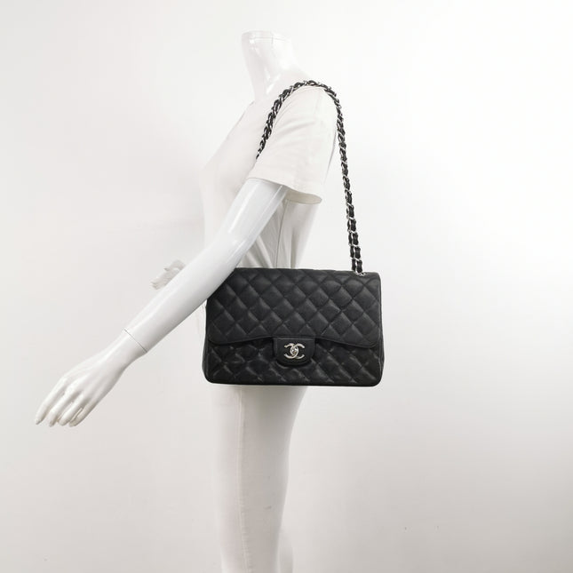 Chanel Classic Flap Jumbo 2011 Black Caviar Leather Double Flap Silver Hardware