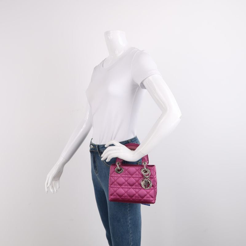 Lady Dior Mini Pink Silk with Silver Hardware