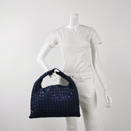 Bottega Veneta Hop Small Leather and Denim Intrecciato Navy Hobo Bag 41cm