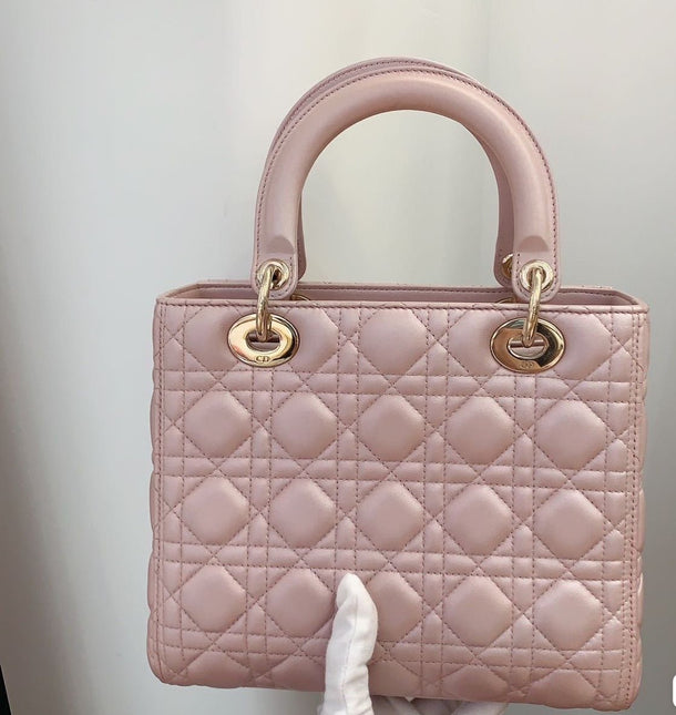 Lady Dior Medium Handbag Pearlescent Pink Cannage Leather Gold Hardware