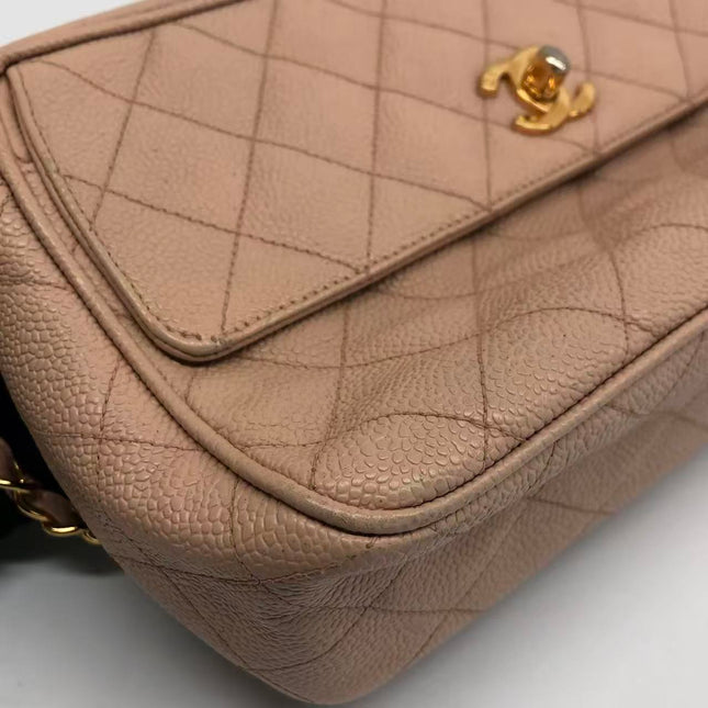 Chanel Medium Camera Case Bag Beige Caviar Leather Gold Hardware