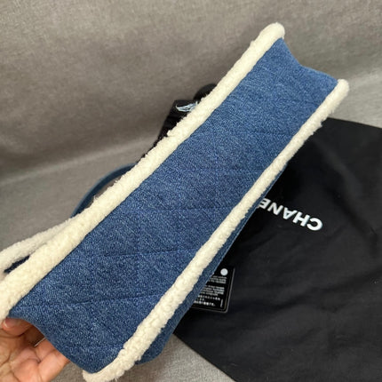 Chanel Blue Denim White Shearling Egyptian Hieroglyph Maxi Flap Bag Gold Hardware, 2019