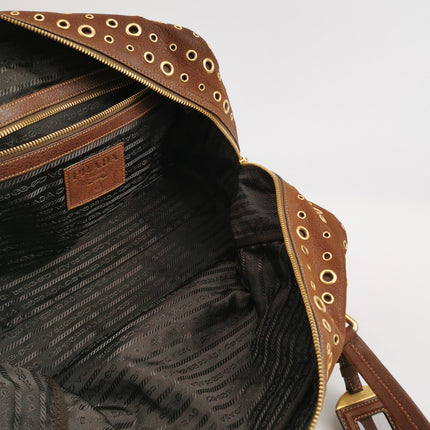 Prada Brown Grommet Calfskin Leather Gold Ringlet Shoulder Bag