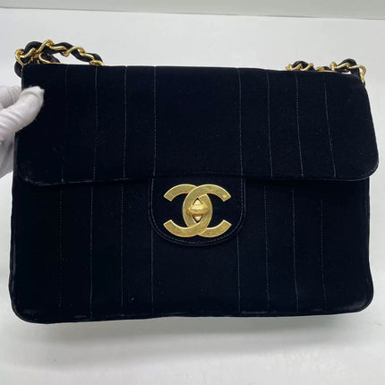 Chanel Classic Flap Maxi Black Velvet Leather Giant Gold CC Logo