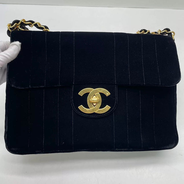 Chanel Classic Flap Maxi Black Velvet Leather Giant Gold CC Logo