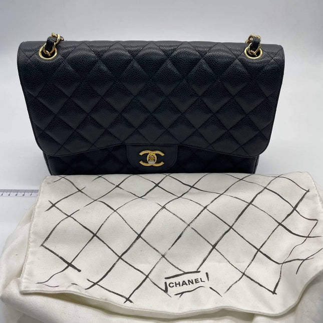 Chanel Classic Flap Jumbo Black Caviar Leather Double Flap with Gold Hardware