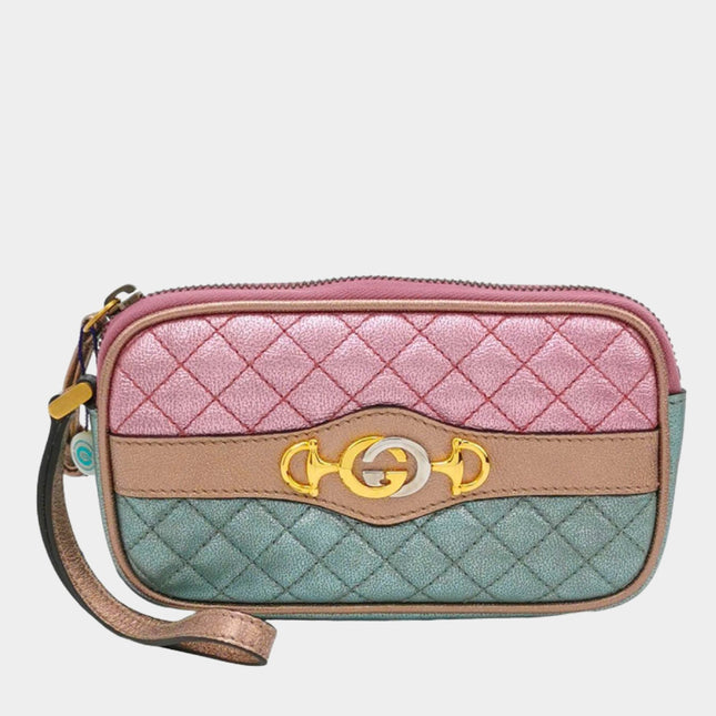 Gucci Pink Teal Mini Metallic Laminated Trapuntata Leather Horsebit Clutch Pouch-Luxbags