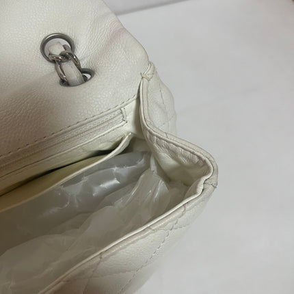 Chanel Classic Flap Maxi White Caviar Leather Silver-tone Hardware Giant CC Logo
