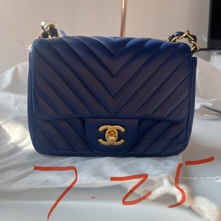 Chanel Classic Flap Mini Square Chevron Stitching Blue Lambskin Gold Hardware Crossbody Bag