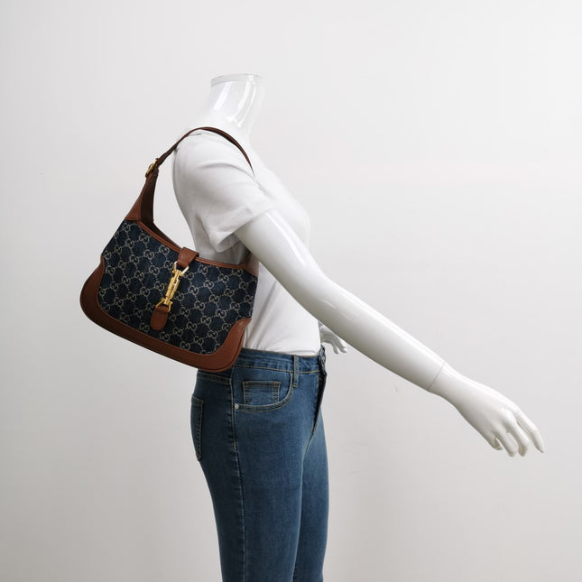 Sold Gucci Jackie 1961 Small Handbag in Blue Monogram Denim and Brown Leather