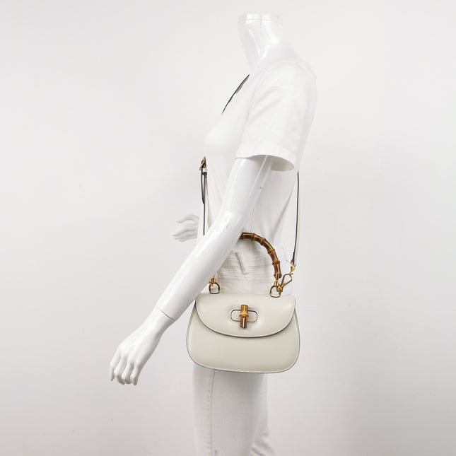 Gucci Bamboo 1947 Top Handle Bag Small White Box Leather Canvas Strap