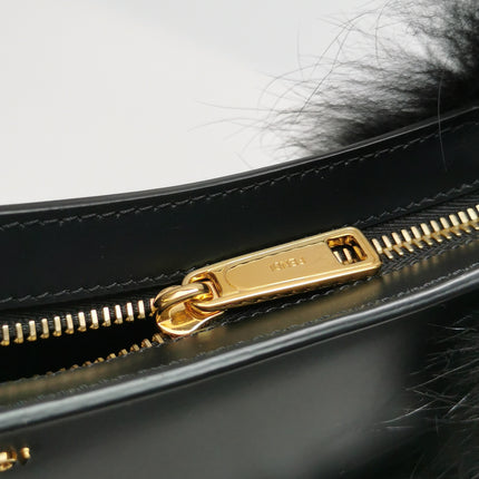 FENDI O Lock Black Leather and Faux Fur Shoulder Bag