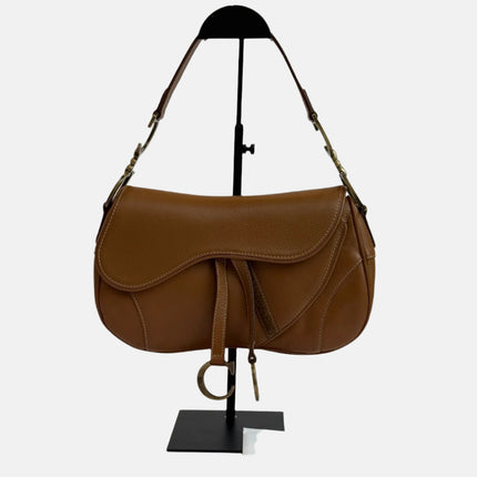 Dior Vintage Double Saddle Brown Leather Gold-tone Hardware-Luxbags