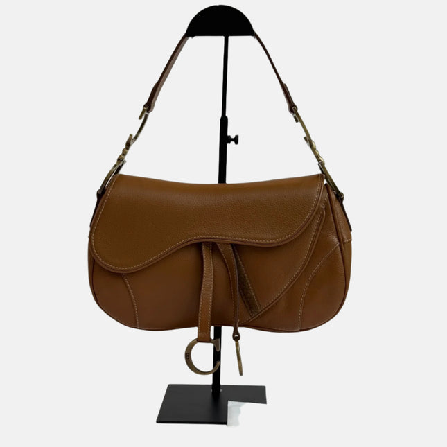 Dior Vintage Double Saddle Brown Leather Gold-tone Hardware-Luxbags
