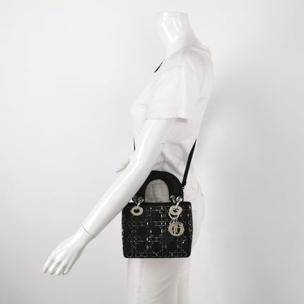 Lady Dior Mini Black Silk with Crystals Silver Hardware
