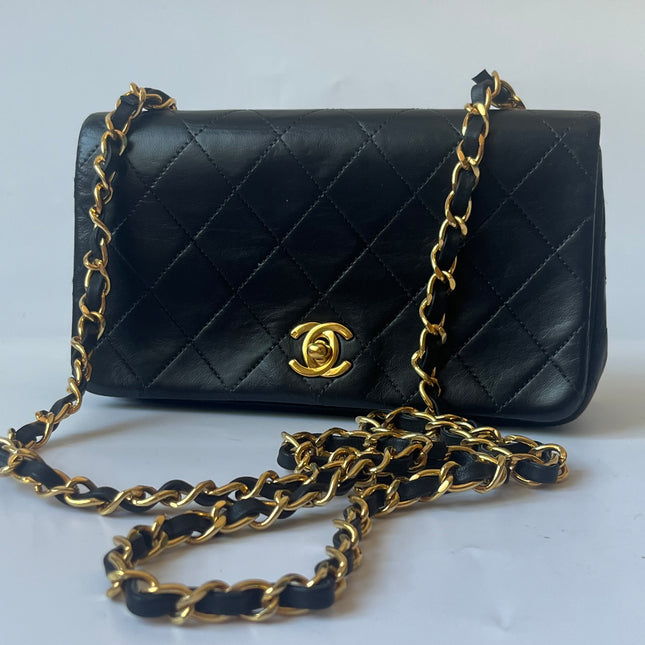 Chanel Classic Flap Mini Vintage 1989-1991 Black Lambskin Leather with 24k Gold Hardware