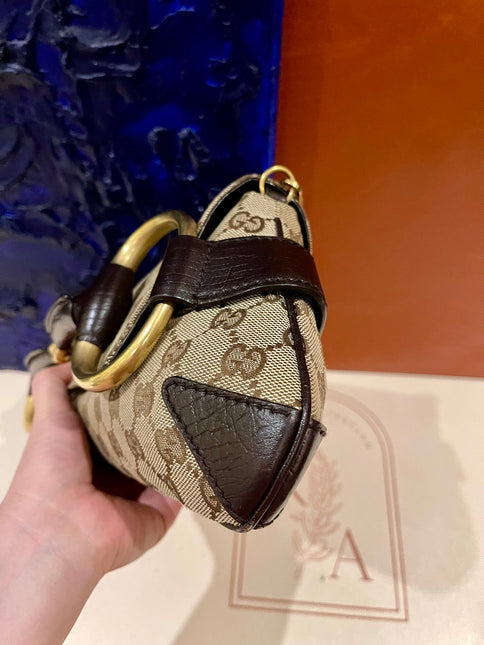 Sold Gucci Horsebit 1955 Large Cloth Beige Monogram Brown Leather Shoulder bag