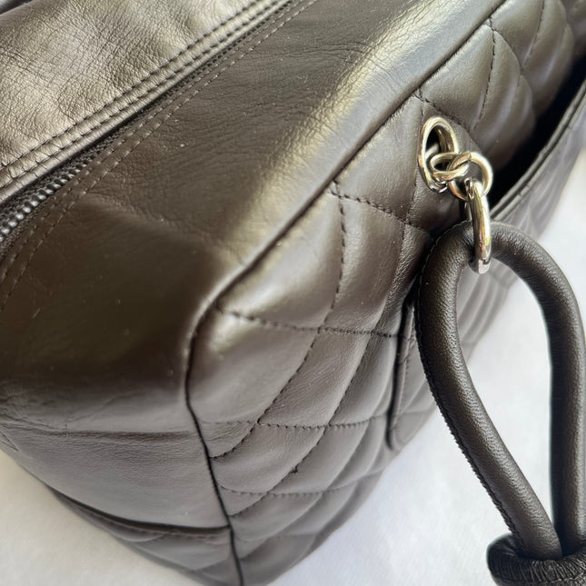 Chanel Cambon Medium Shoulder Bag Brown Calfskin Leather Snake-skin CC Logo Black Double Strap