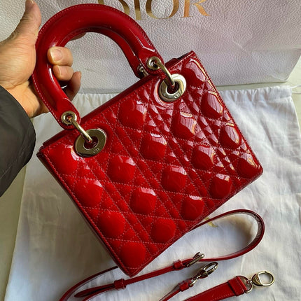 Lady Dior Small Red Patent Leather with Strap
