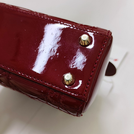 Lady Dior Mini Handbag Burgundy Red Patent Leather Gold-tone Chain Strap