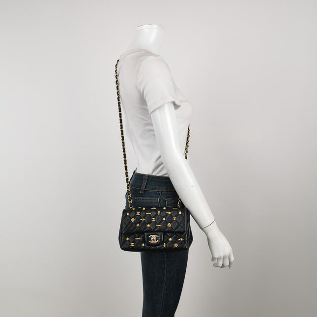 Chanel Classic Flap Mini Egyptian Amulet Black Lambskin Leather Gold Hardware