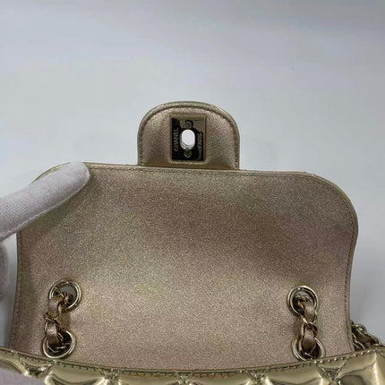 Chanel Classic Flap Mini Square Star Purse Gold Patent Calfskin Leather Mirror Glaze