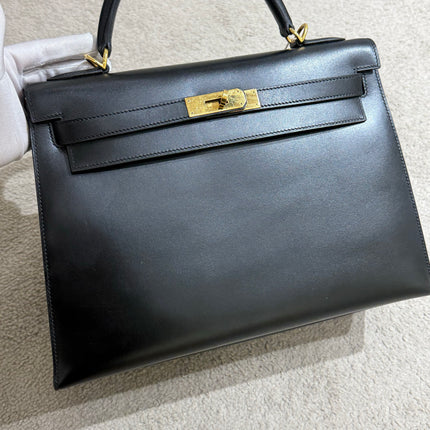 Hermes Kelly 32 Sellier Black Box Leather Double Ring Gold HW