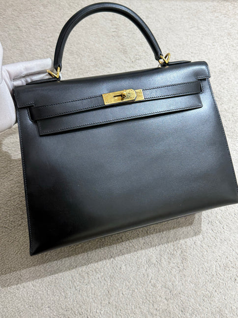 Hermes Kelly 32 Sellier Black Box Leather Double Ring Gold HW