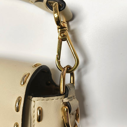 Fendi Baguette Selleria Medium White Calfskin Leather Gold Studs Crossbody Bag