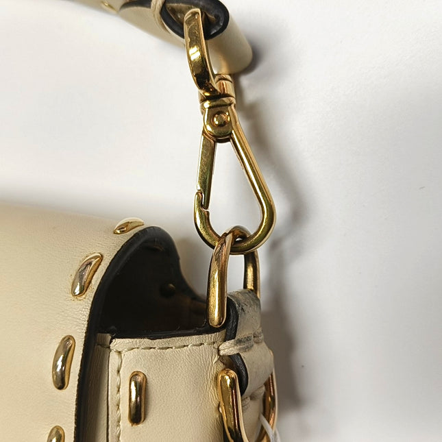 Fendi Baguette Selleria Medium White Calfskin Leather Gold Studs Crossbody Bag