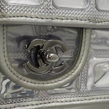 Chanel Ice Cube Chocolate Bar Classic Flap Metallic Silver PVC with Leather