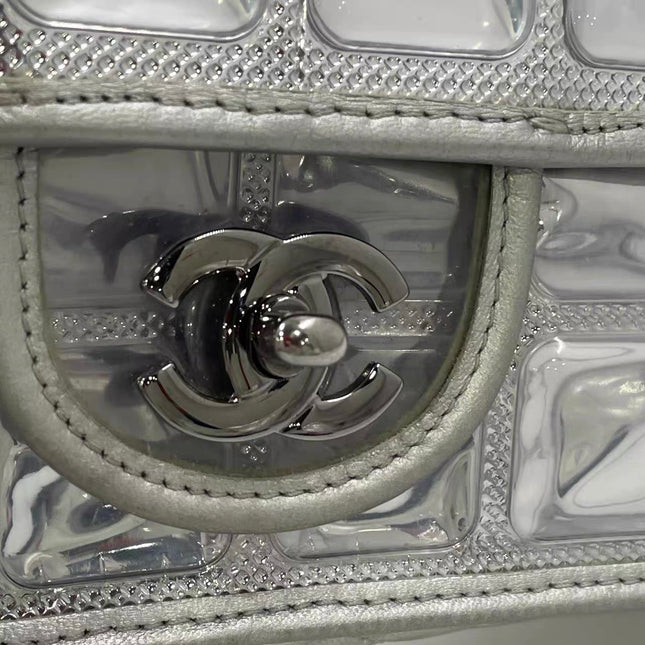 Chanel Ice Cube Chocolate Bar Classic Flap Metallic Silver PVC with Leather