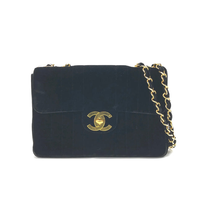 Chanel Classic Flap Maxi Black Velvet Leather Giant Gold CC Logo