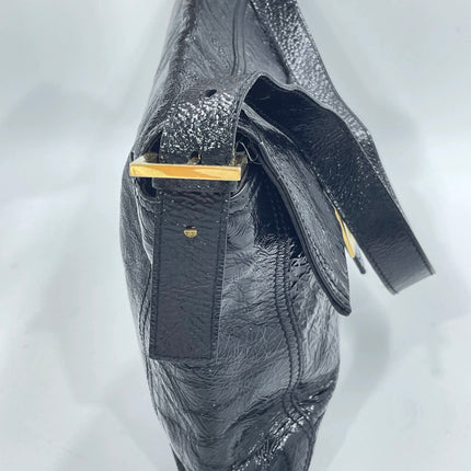 FENDI Baguette Large Black Crinkled Patent Leather Shoulder Bag