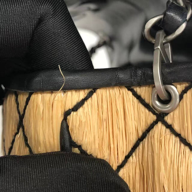 Chanel Medium Straw Wicker Flap Bag Black Diamond Wild Stitch