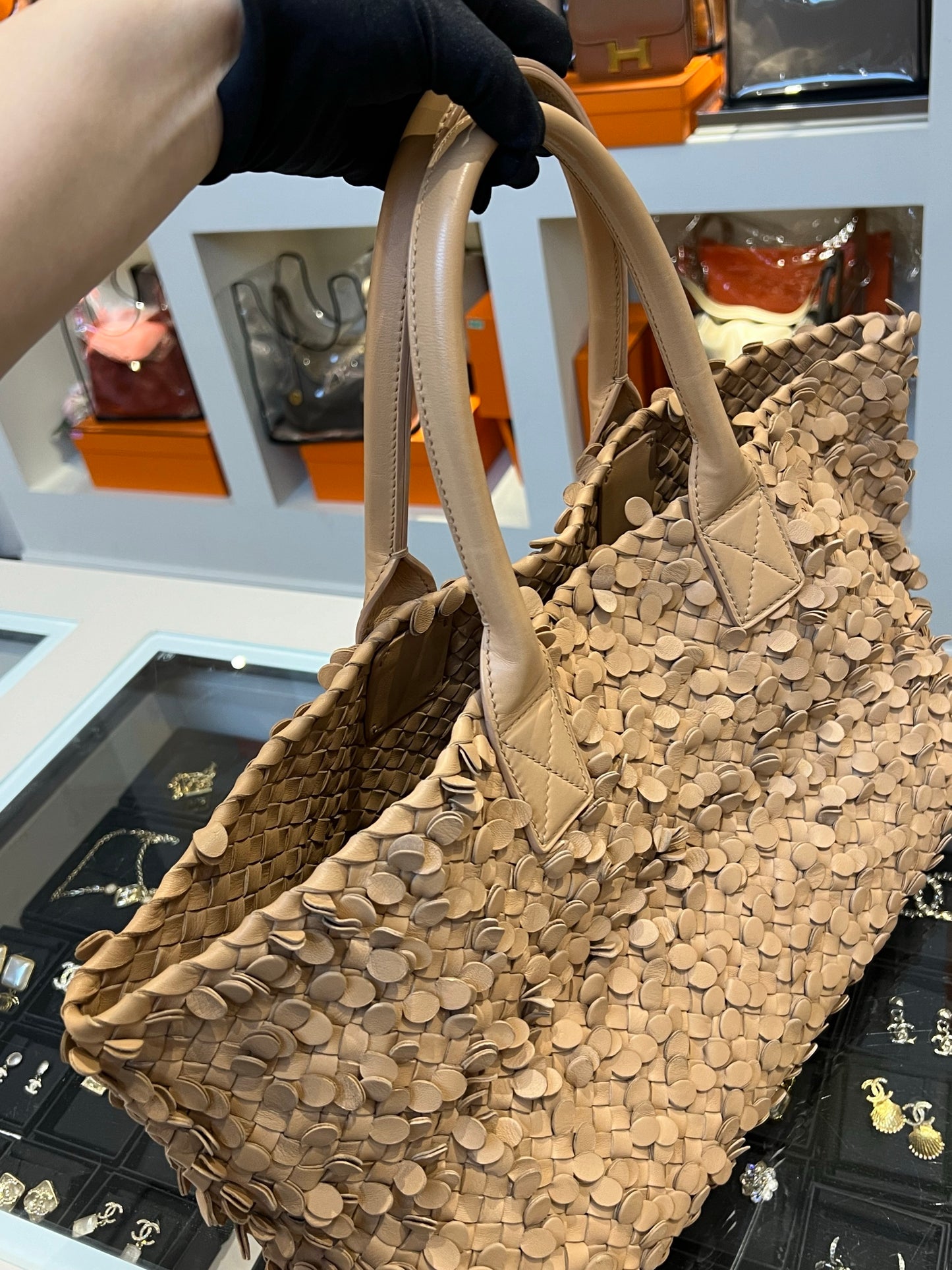 Bottega Veneta Cabat Limited Tan Poussin Paillettes Tote Beige