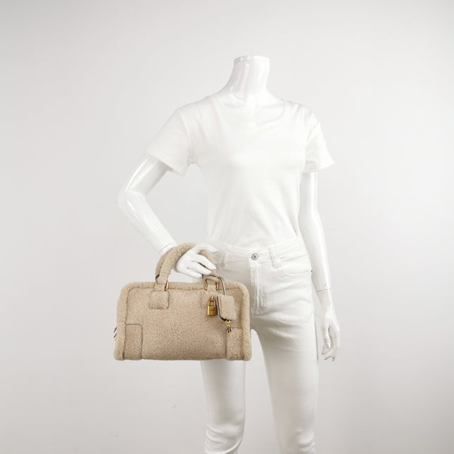 Loewe Amazona Small 29 White Shearling Gold Hardware Top Handle Bag