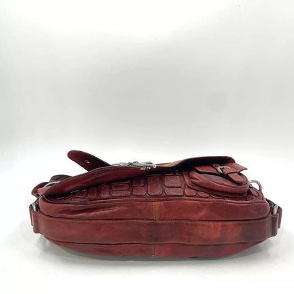 Dior Vintage Gaucho Large Red Leather Crocodile Embossed Crossbody Bag