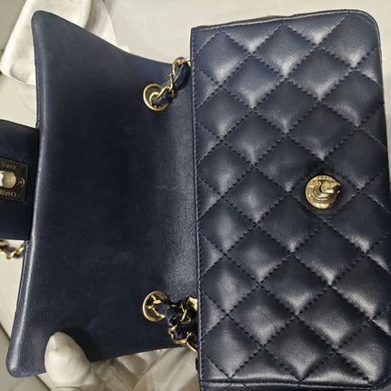 Chanel Classic Flap Mini Rectangular Navy Lambskin Leather Gold Hardware Microchip