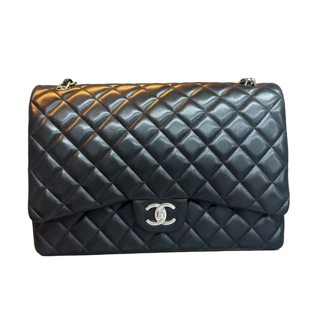 Chanel Classic Flap Maxi Black Lambskin Leather Double Flap Silver Hardware 2012-Luxbags