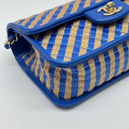 Chanel Mini Raffia Jute Striped Flap Bag Blue Diamond Wild Stitch