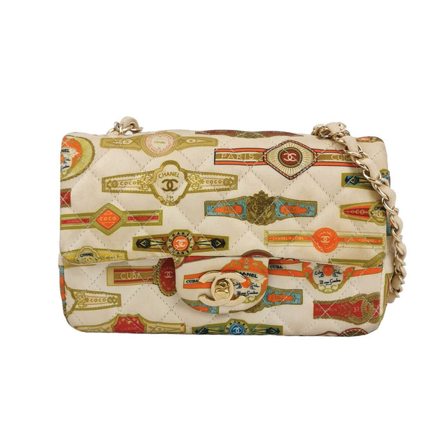 Chanel Classic Flap Mini Satin Paris Cuba Cigar Label Print Beige Multicolor, 2017-Luxbags