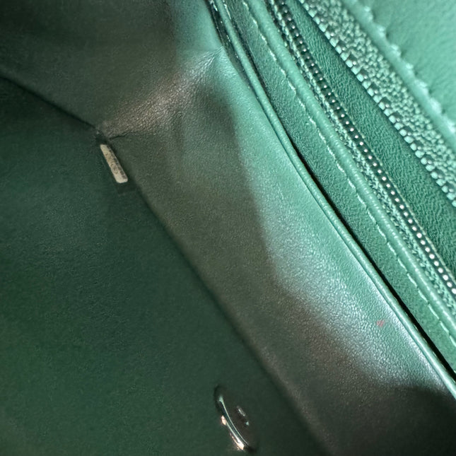 Chanel Classic Flap Mini Rectangular Green Lambskin Leather Silver Hardware