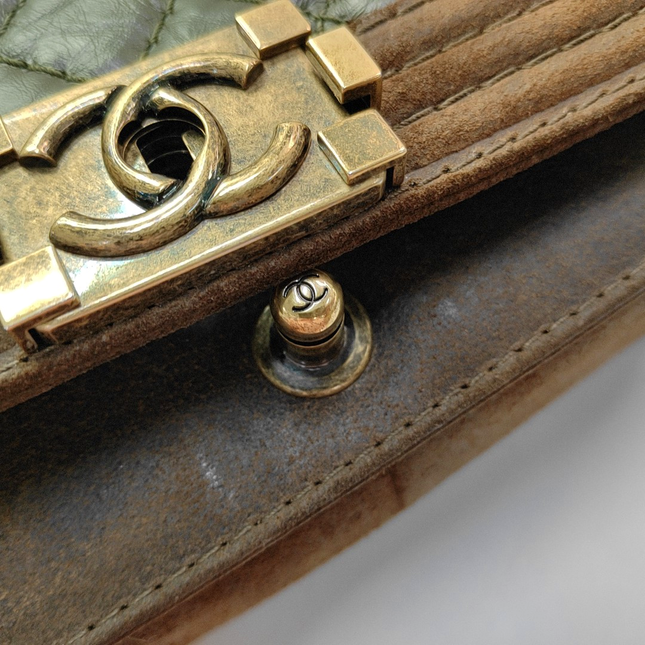 Chanel Le Boy Medium Dark Green Calfskin Brown Suede Leather Bag Gold Hardware