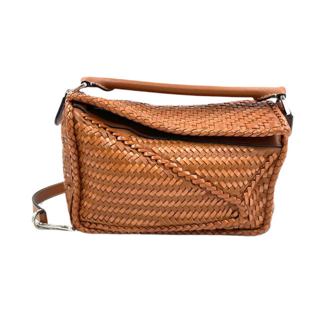 Loewe Puzzle Small Leather Woven Caramel Tan Crossbody Bag