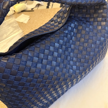 Bottega Veneta Hop Large Leather and Denim Intrecciato Navy Hobo Bag 55cm
